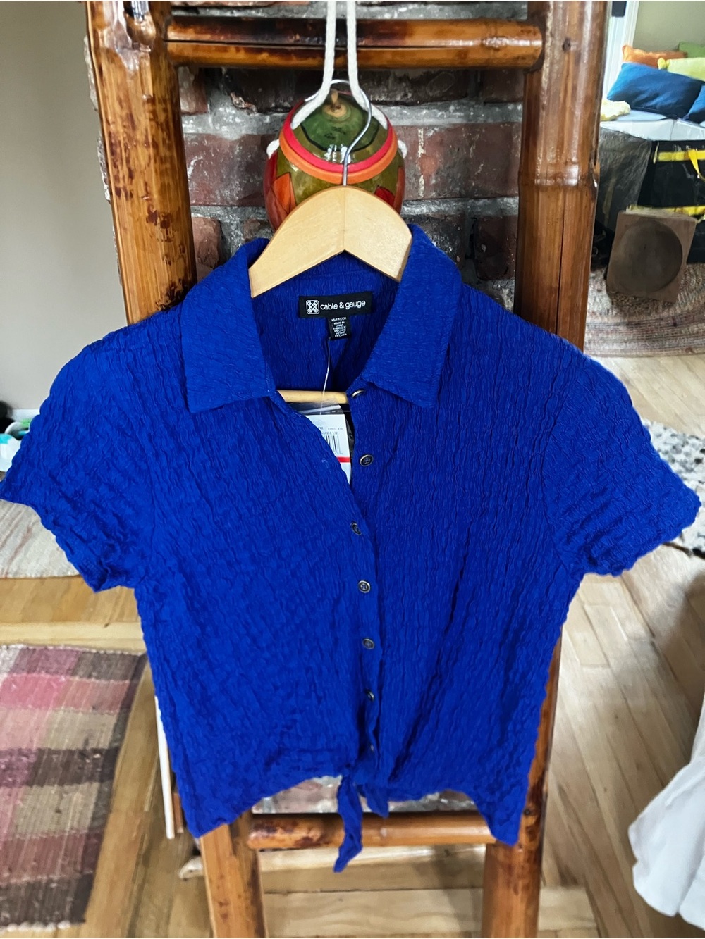 Cable & Gauge Royal Blue Short Sleeve Button-Front Tie Hem Top